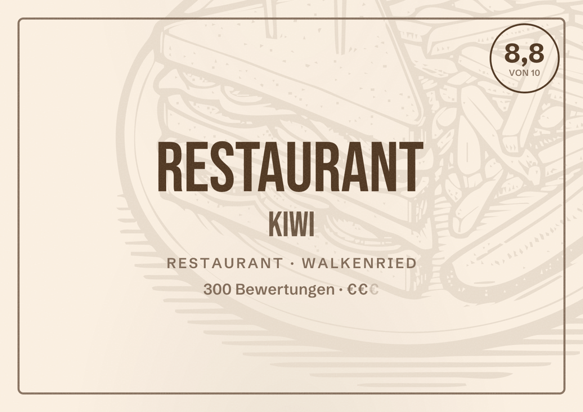 Illustriertes Poster von Restaurant KIWI, Restaurant in Walkenried: Bewertung 8,8 von 10 aus 300 Bewertungen, Preisniveau €€