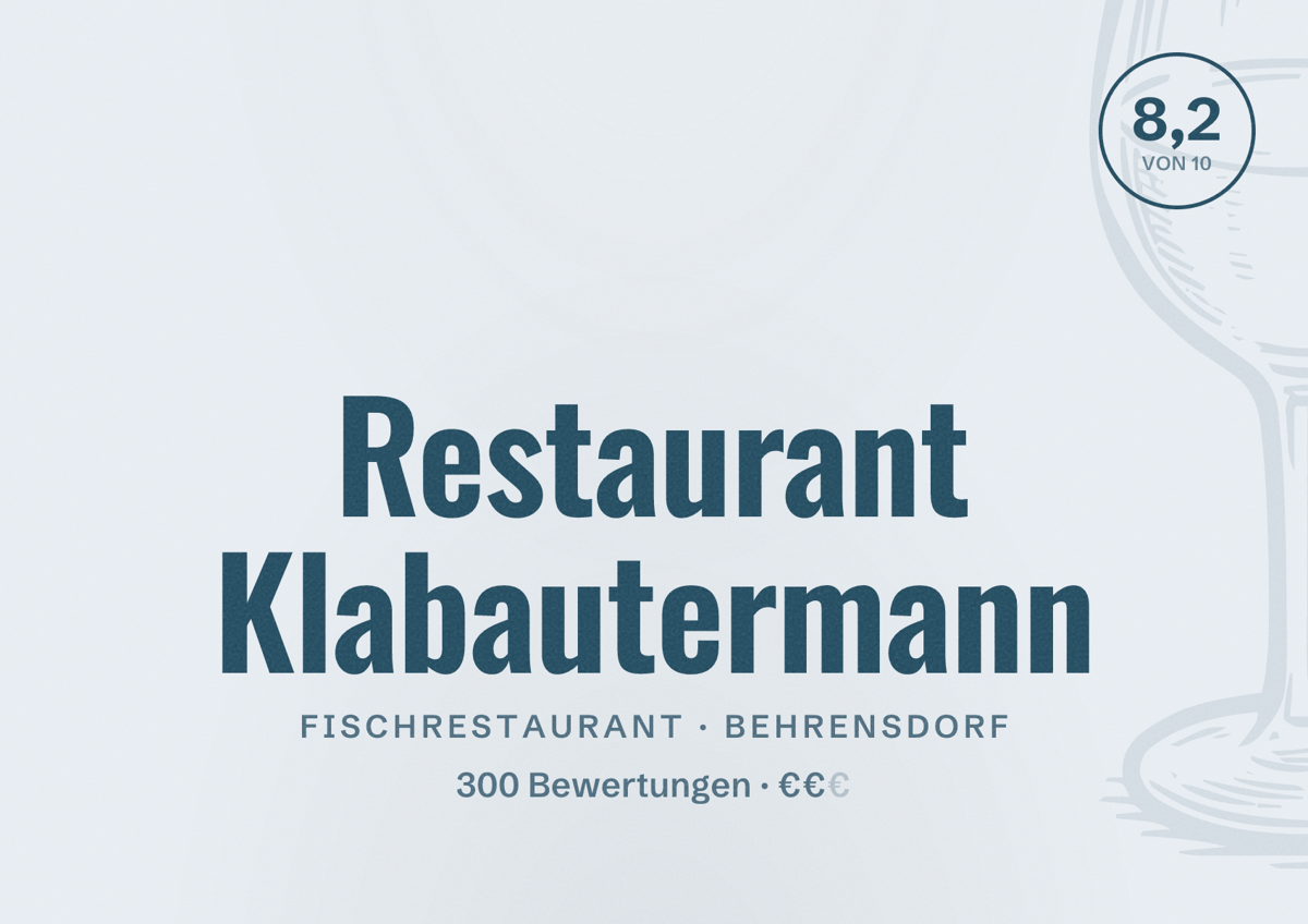Illustriertes Poster von Restaurant Klabautermann, Fischrestaurant in Behrensdorf: Bewertung 8,2 von 10 aus 300 Bewertungen, Preisniveau €€