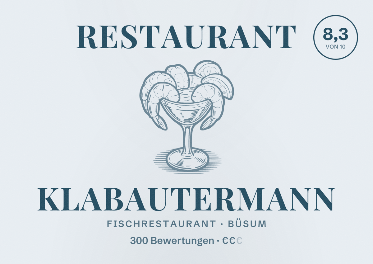 Illustriertes Poster von Restaurant Klabautermann, Fischrestaurant in Büsum: Bewertung 8,3 von 10 aus 300 Bewertungen, Preisniveau €€