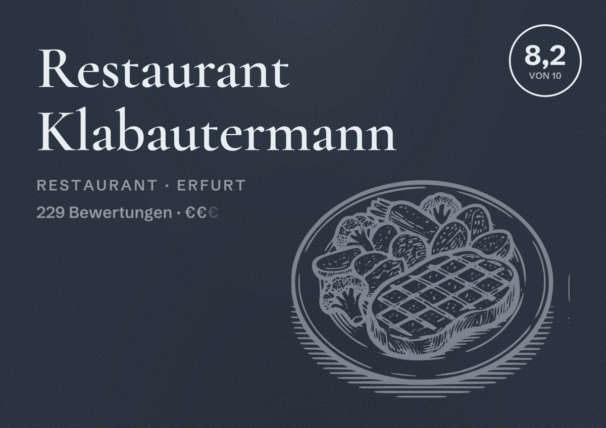 Illustriertes Poster von Restaurant Klabautermann, Restaurant in Erfurt: Bewertung 8,2 von 10 aus 229 Bewertungen, Preisniveau €€