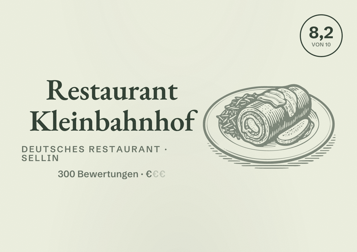 Illustriertes Poster von Restaurant Kleinbahnhof, Deutsches Restaurant in Sellin: Bewertung 8,2 von 10 aus 300 Bewertungen, Preisniveau €