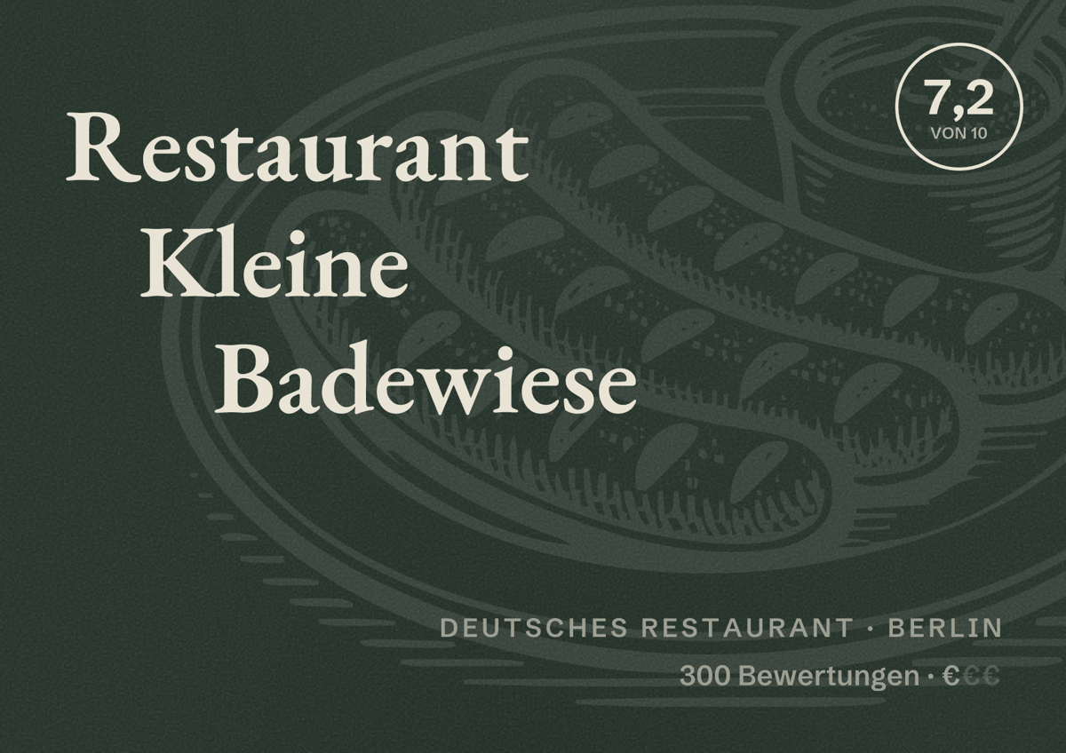 Illustriertes Poster von Restaurant Kleine Badewiese, Deutsches Restaurant in Berlin: Bewertung 7,2 von 10 aus 300 Bewertungen, Preisniveau €