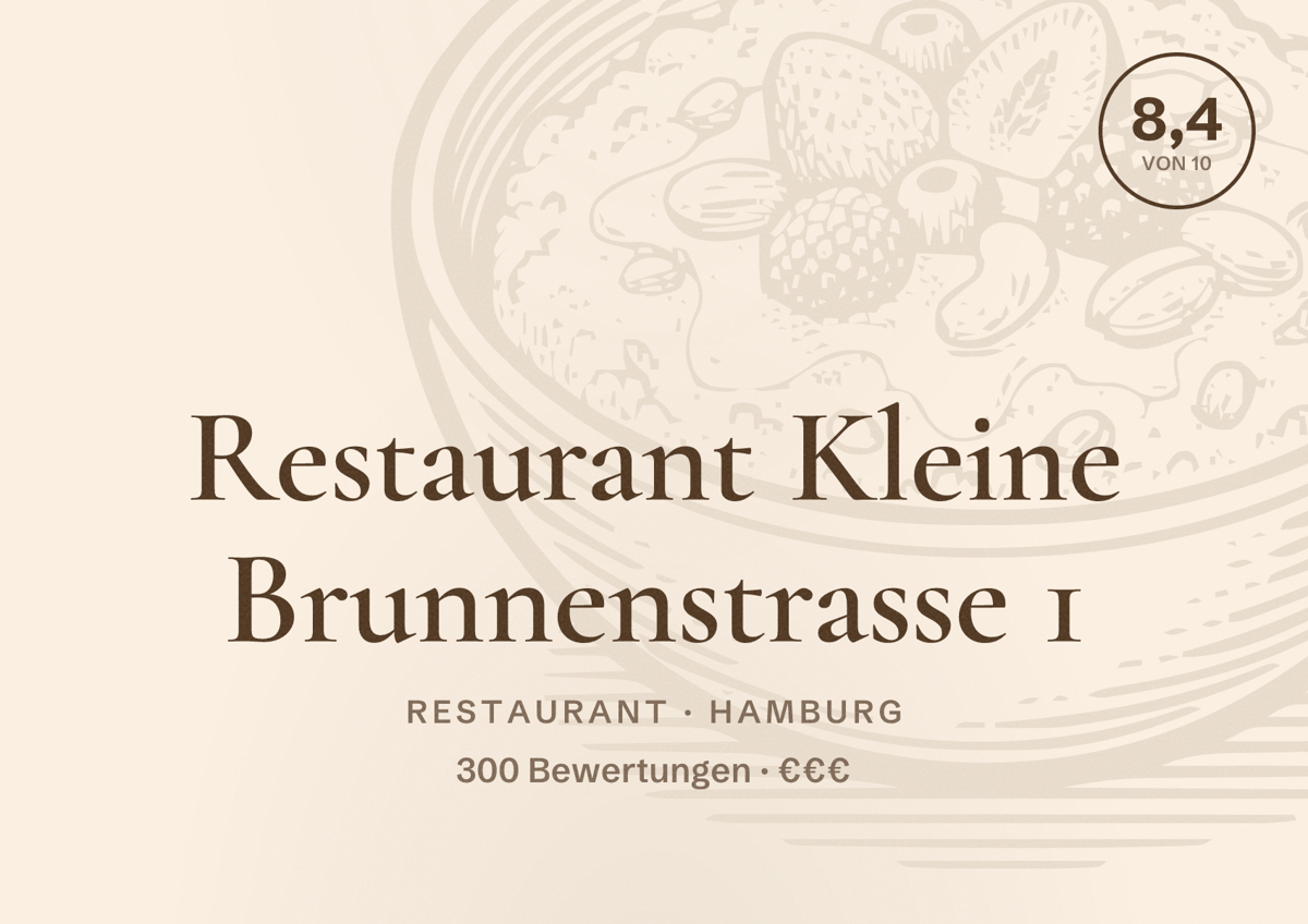 Illustriertes Poster von Restaurant Kleine Brunnenstrasse 1, Restaurant in Hamburg: Bewertung 8,4 von 10 aus 300 Bewertungen, Preisniveau €€€