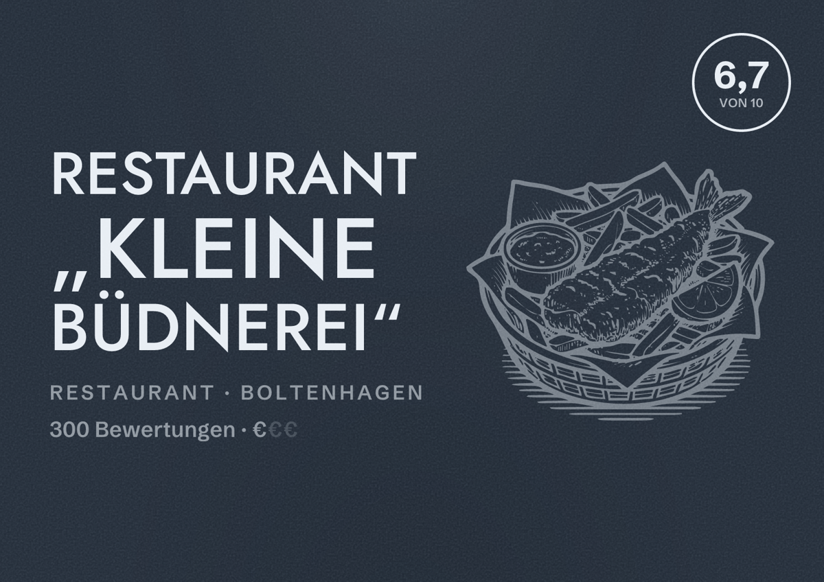Illustriertes Poster von Restaurant „Kleine Büdnerei“, Restaurant in Boltenhagen: Bewertung 6,7 von 10 aus 300 Bewertungen, Preisniveau €