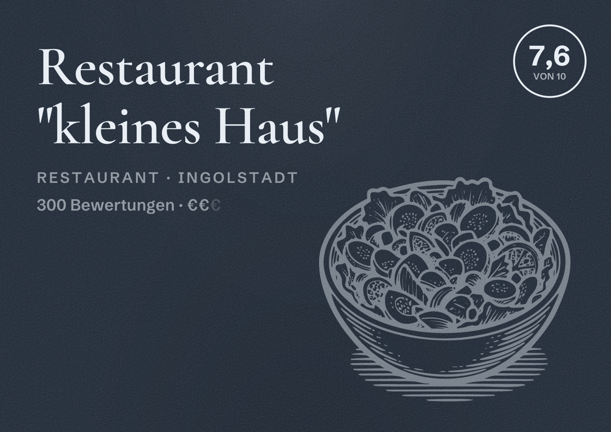 Illustriertes Poster von Restaurant "kleines Haus", Restaurant in Ingolstadt: Bewertung 7,6 von 10 aus 300 Bewertungen, Preisniveau €€