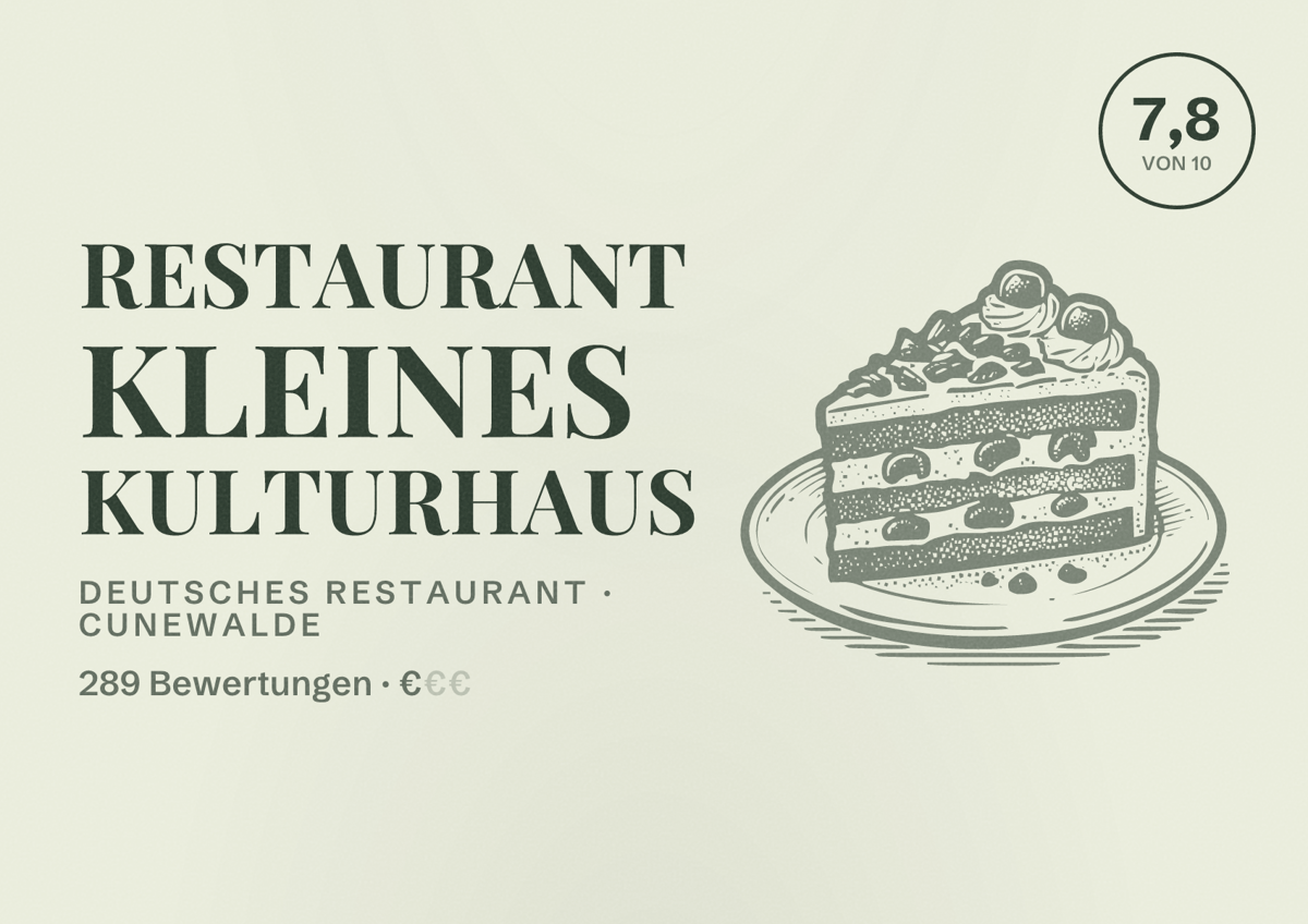 Illustriertes Poster von Restaurant Kleines Kulturhaus, Deutsches Restaurant in Cunewalde: Bewertung 7,8 von 10 aus 289 Bewertungen, Preisniveau €