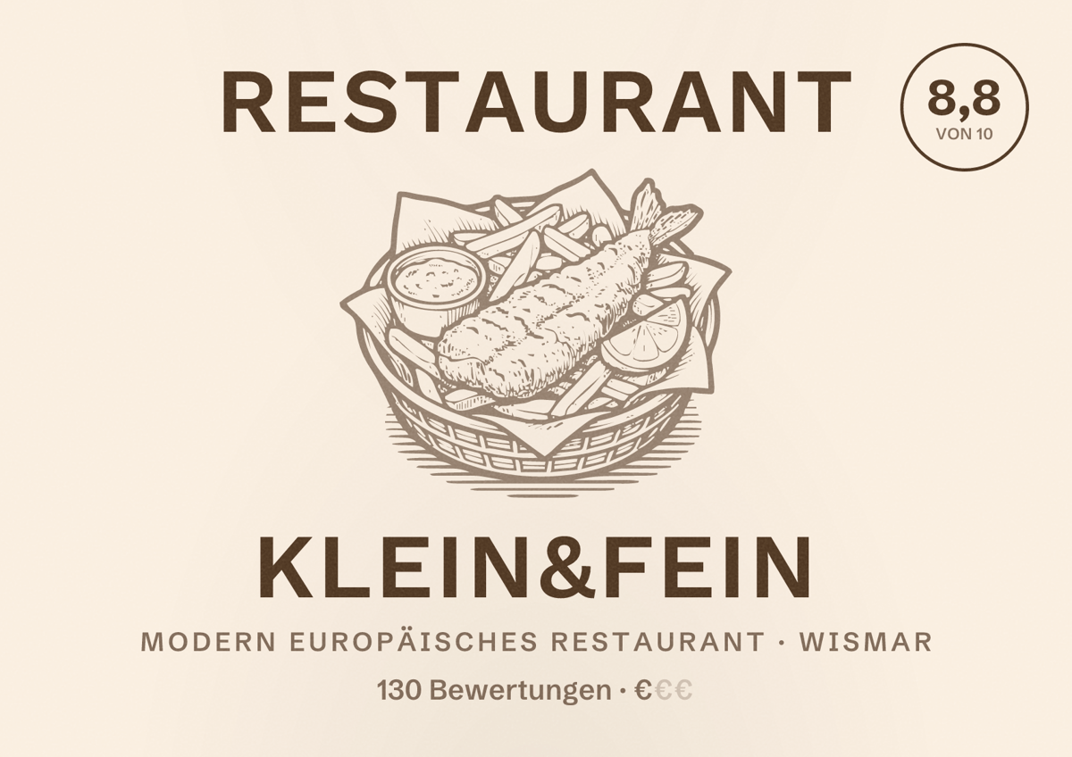 Illustriertes Poster von Restaurant klein&fein, Modern europäisches Restaurant in Wismar: Bewertung 8,8 von 10 aus 130 Bewertungen, Preisniveau €