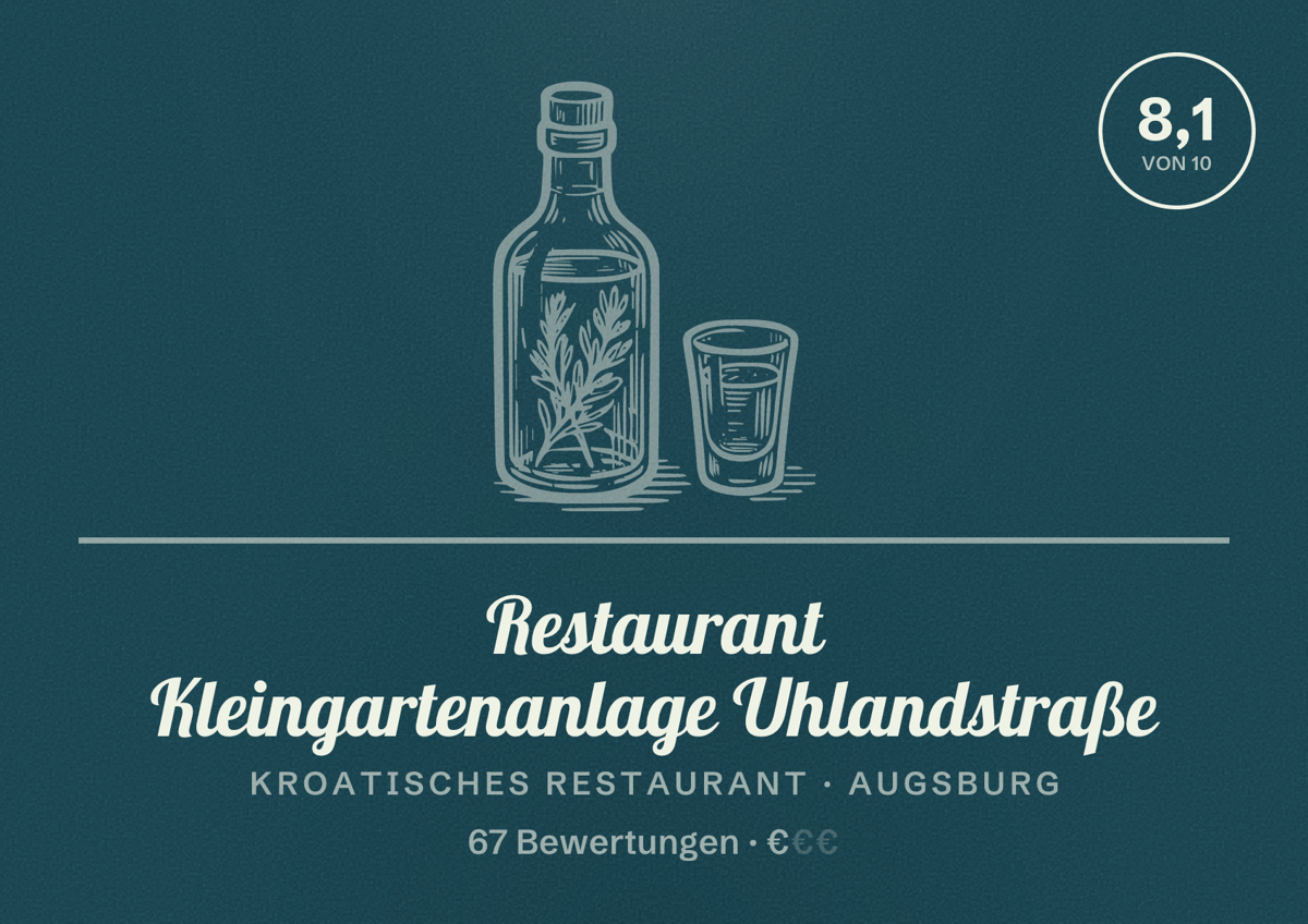 Illustriertes Poster von Restaurant Kleingartenanlage Uhlandstraße, Kroatisches Restaurant in Augsburg: Bewertung 8,1 von 10 aus 67 Bewertungen, Preisniveau €
