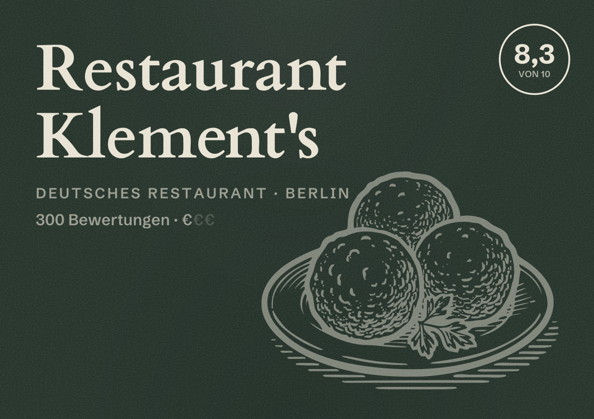 Illustriertes Poster von Restaurant Klement's, Deutsches Restaurant in Berlin: Bewertung 8,3 von 10 aus 300 Bewertungen, Preisniveau €