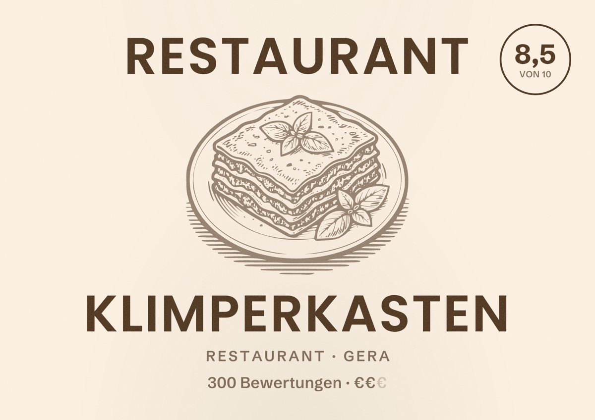 Illustriertes Poster von Restaurant Klimperkasten, Restaurant in Gera: Bewertung 8,5 von 10 aus 300 Bewertungen, Preisniveau €€