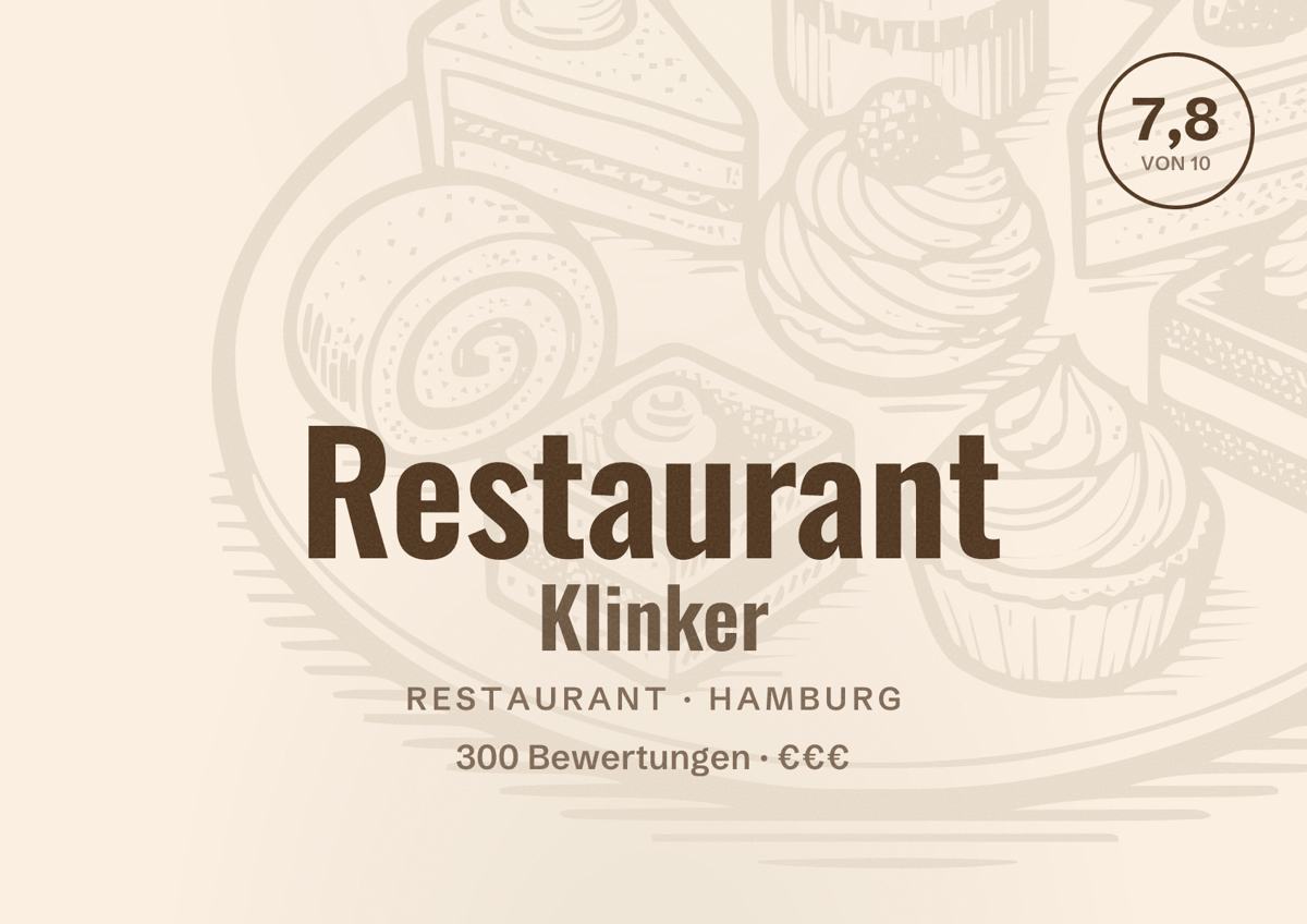 Illustriertes Poster von Restaurant Klinker, Restaurant in Hamburg: Bewertung 7,8 von 10 aus 300 Bewertungen, Preisniveau €€€