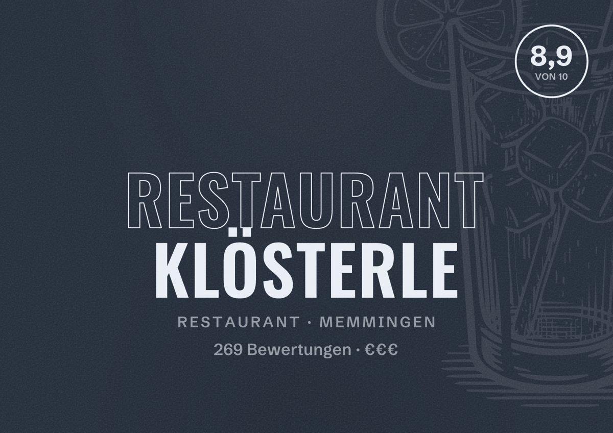 Illustriertes Poster von Restaurant Klösterle, Restaurant in Memmingen: Bewertung 8,9 von 10 aus 269 Bewertungen, Preisniveau €€€