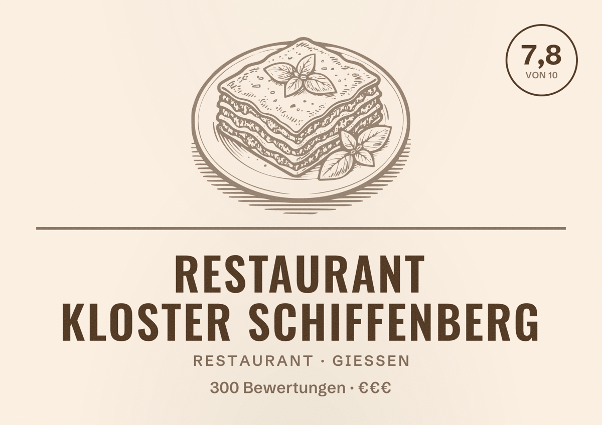 Illustriertes Poster von Restaurant Kloster Schiffenberg, Restaurant in Gießen: Bewertung 7,8 von 10 aus 300 Bewertungen, Preisniveau €€€