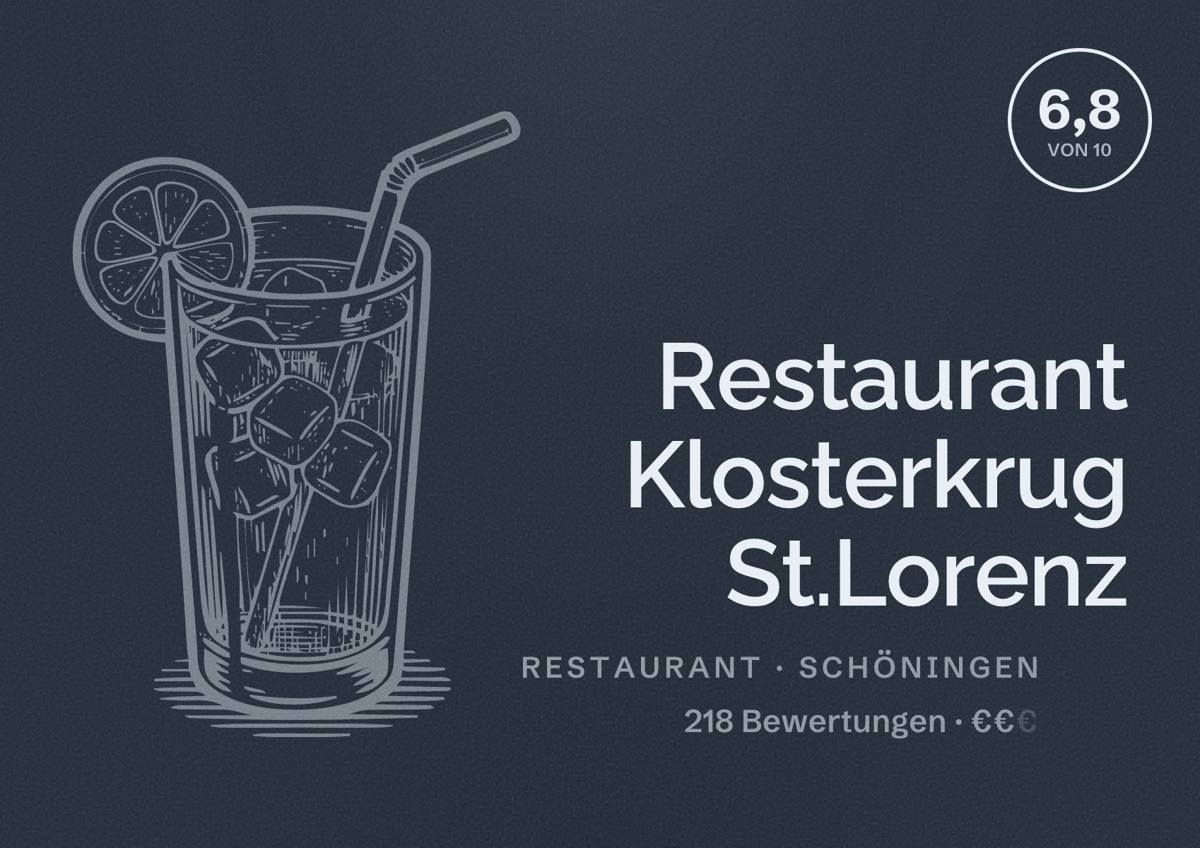 Illustriertes Poster von Restaurant Klosterkrug St.Lorenz, Restaurant in Schöningen: Bewertung 6,8 von 10 aus 218 Bewertungen, Preisniveau €€