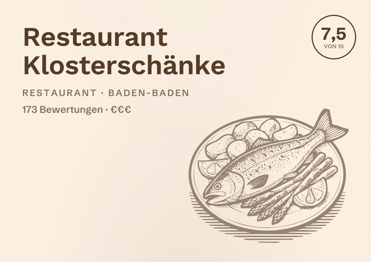 Illustriertes Poster von Restaurant Klosterschänke, Restaurant in Baden-Baden: Bewertung 7,5 von 10 aus 173 Bewertungen, Preisniveau €€€