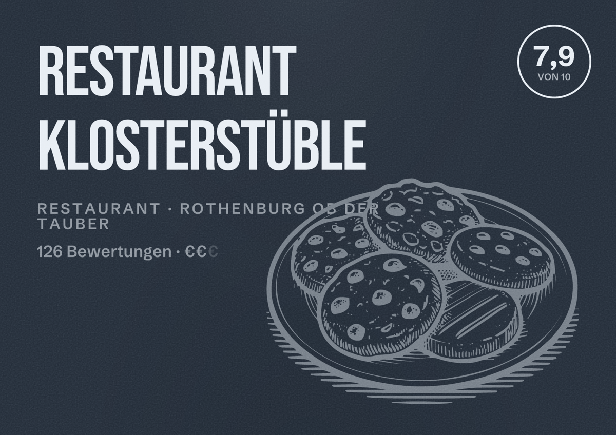 Illustriertes Poster von Restaurant Klosterstüble, Restaurant in Rothenburg ob der Tauber: Bewertung 7,9 von 10 aus 126 Bewertungen, Preisniveau €€