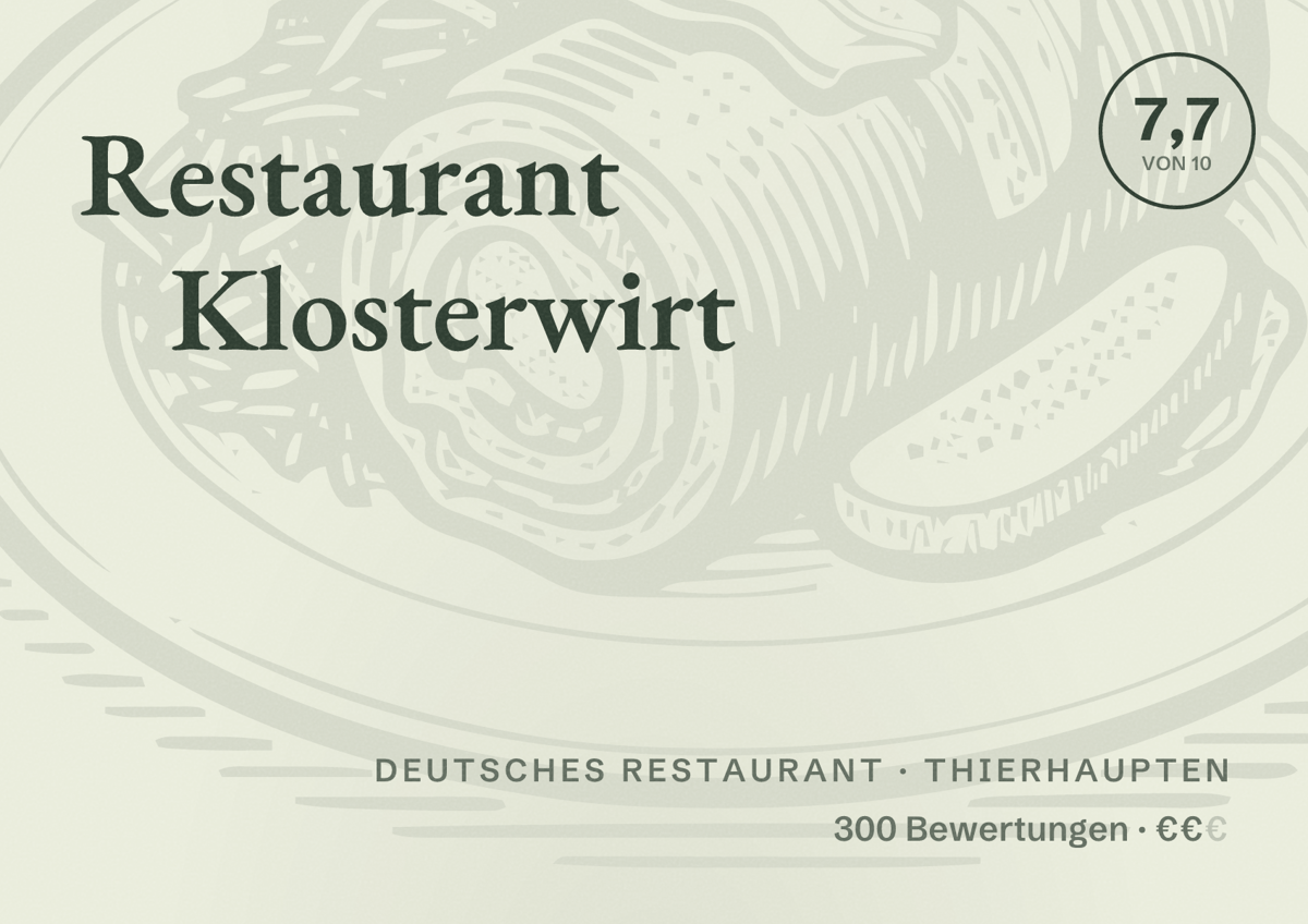 Illustriertes Poster von Restaurant Klosterwirt, Deutsches Restaurant in Thierhaupten: Bewertung 7,7 von 10 aus 300 Bewertungen, Preisniveau €€