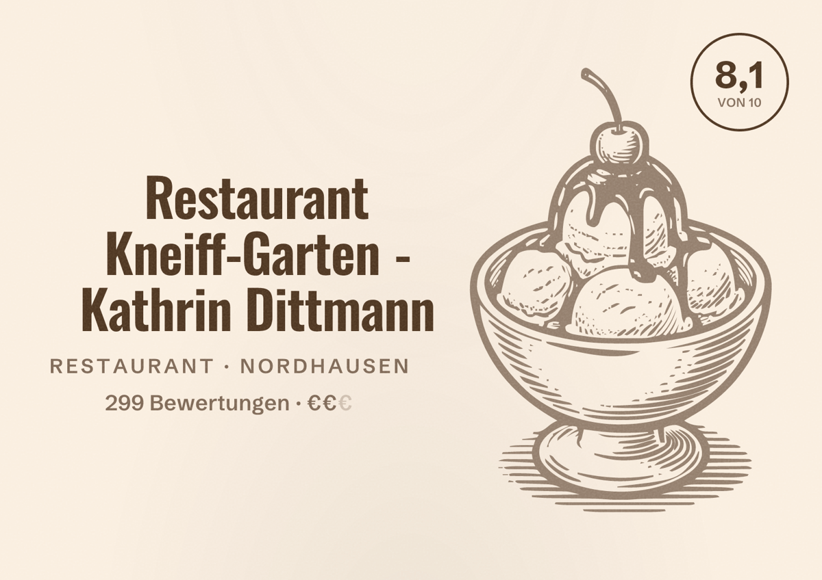 Illustriertes Poster von Restaurant Kneiff-Garten - Kathrin Dittmann, Restaurant in Nordhausen: Bewertung 8,1 von 10 aus 299 Bewertungen, Preisniveau €€