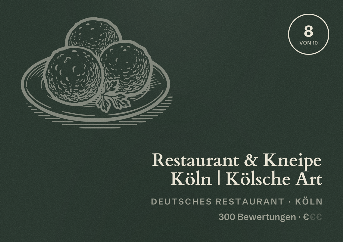Illustriertes Poster von Restaurant & Kneipe Köln | Kölsche Art, Deutsches Restaurant in Köln: Bewertung 8,0 von 10 aus 300 Bewertungen, Preisniveau €