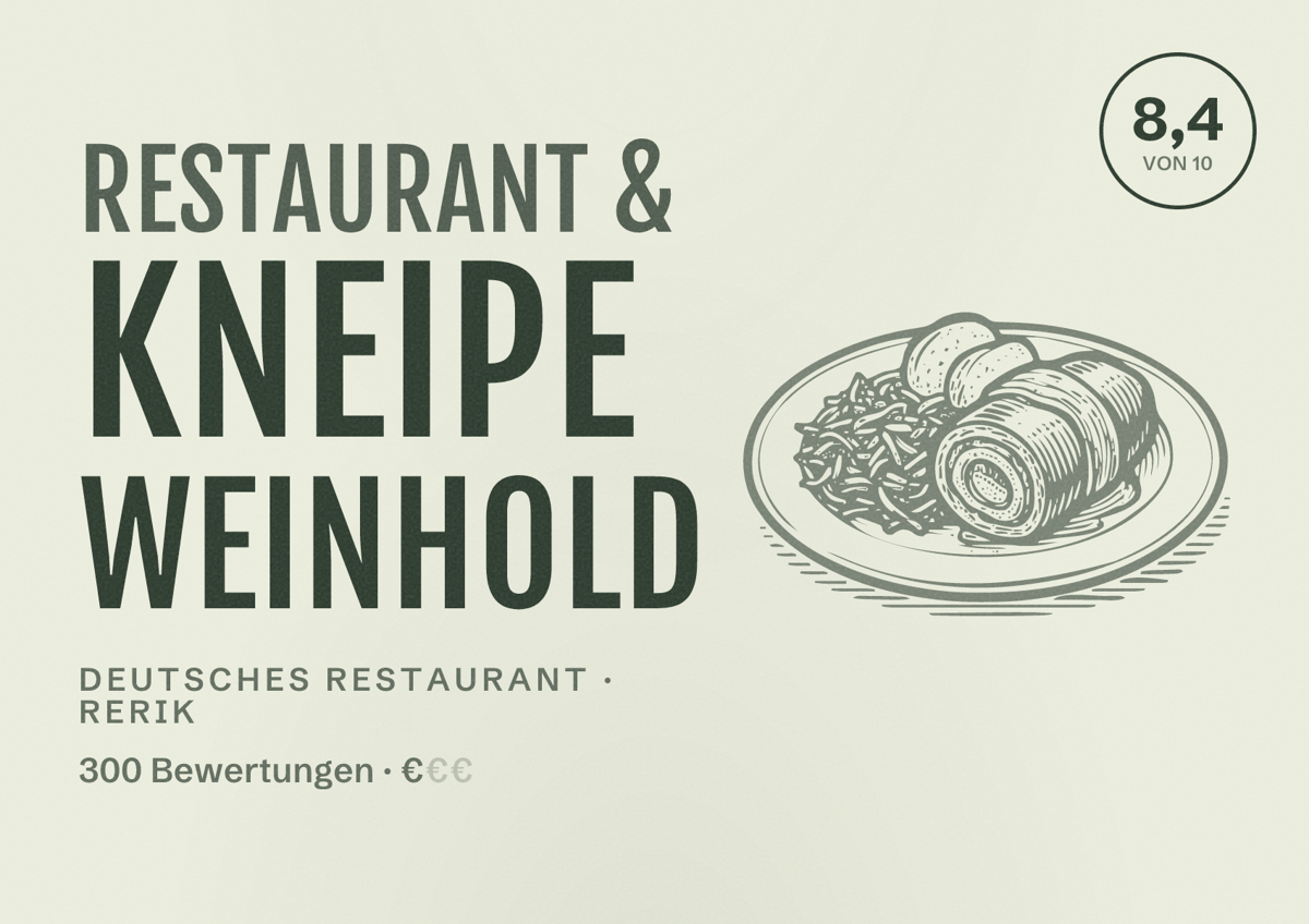 Illustriertes Poster von Restaurant & Kneipe Weinhold, Deutsches Restaurant in Rerik: Bewertung 8,4 von 10 aus 300 Bewertungen, Preisniveau €