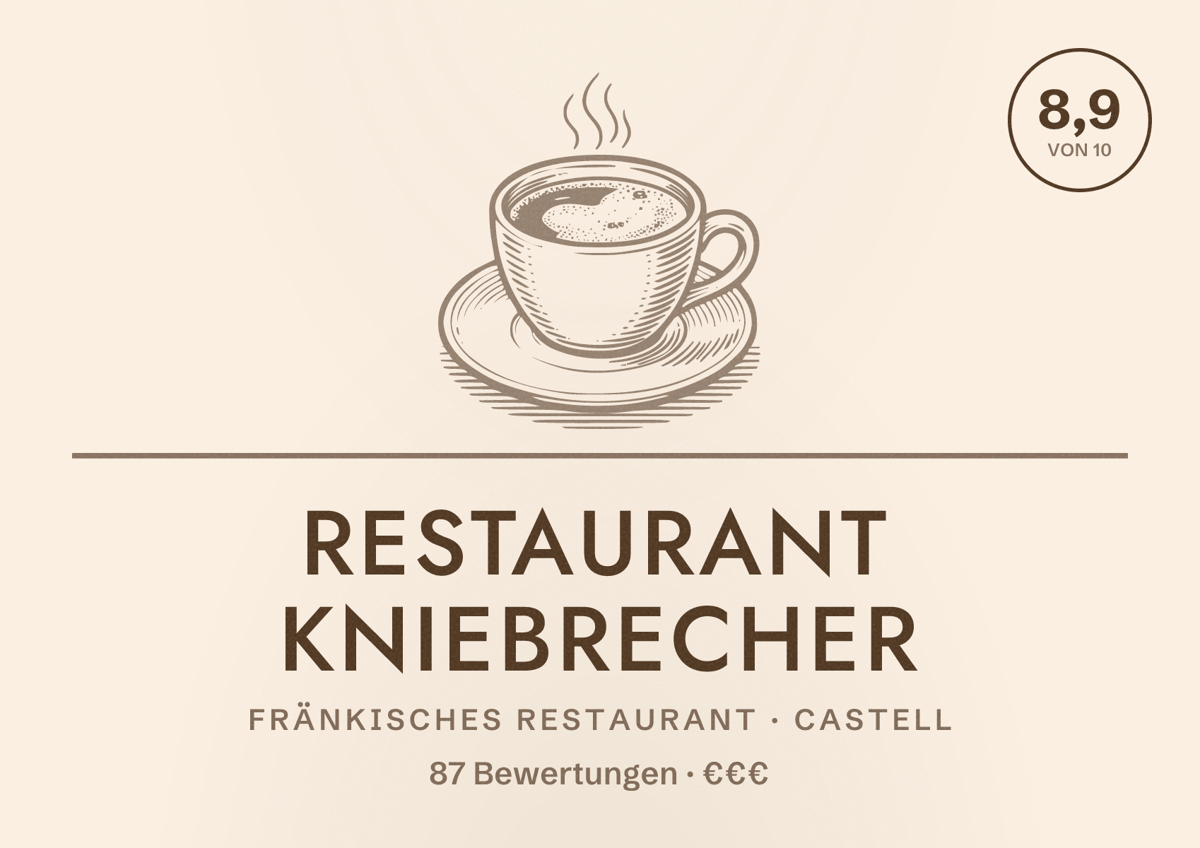 Illustriertes Poster von Restaurant Kniebrecher, Fränkisches Restaurant in Castell: Bewertung 8,9 von 10 aus 87 Bewertungen, Preisniveau €€€