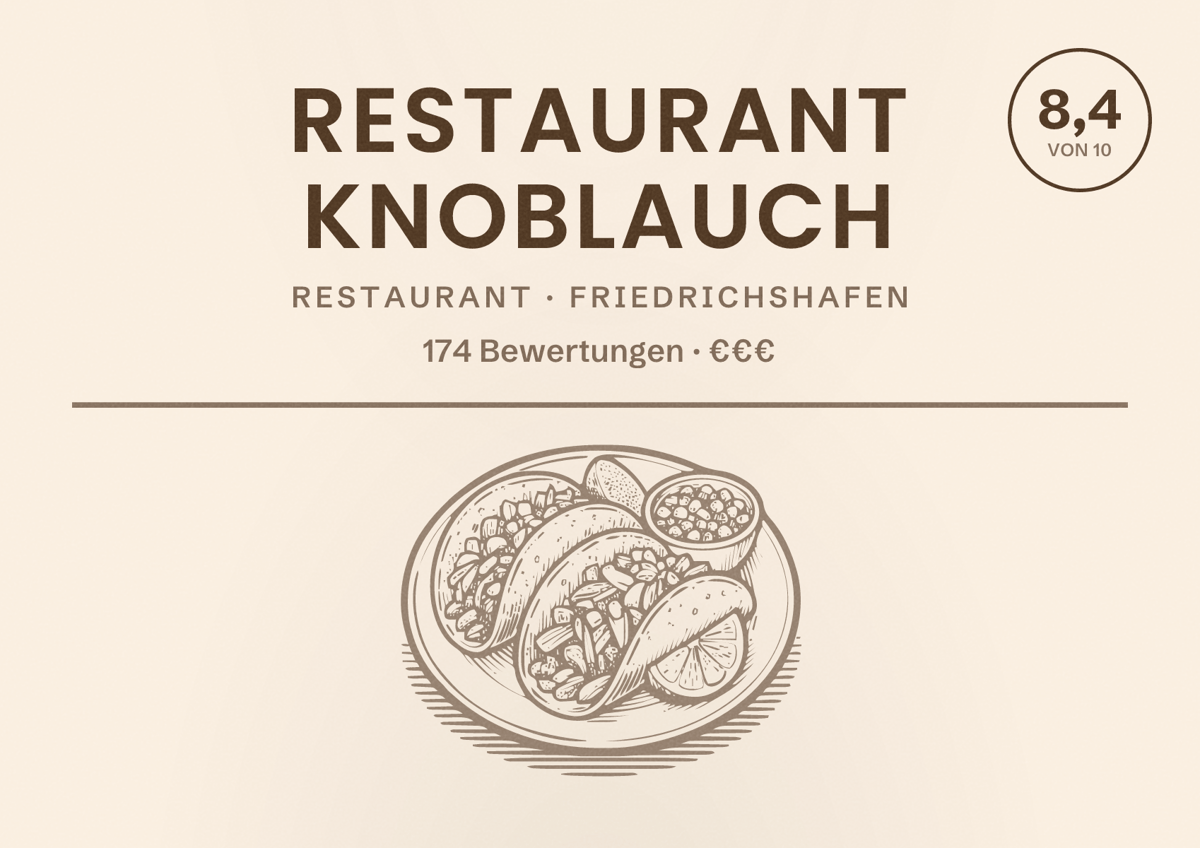 Illustriertes Poster von Restaurant Knoblauch, Restaurant in Friedrichshafen: Bewertung 8,4 von 10 aus 174 Bewertungen, Preisniveau €€€