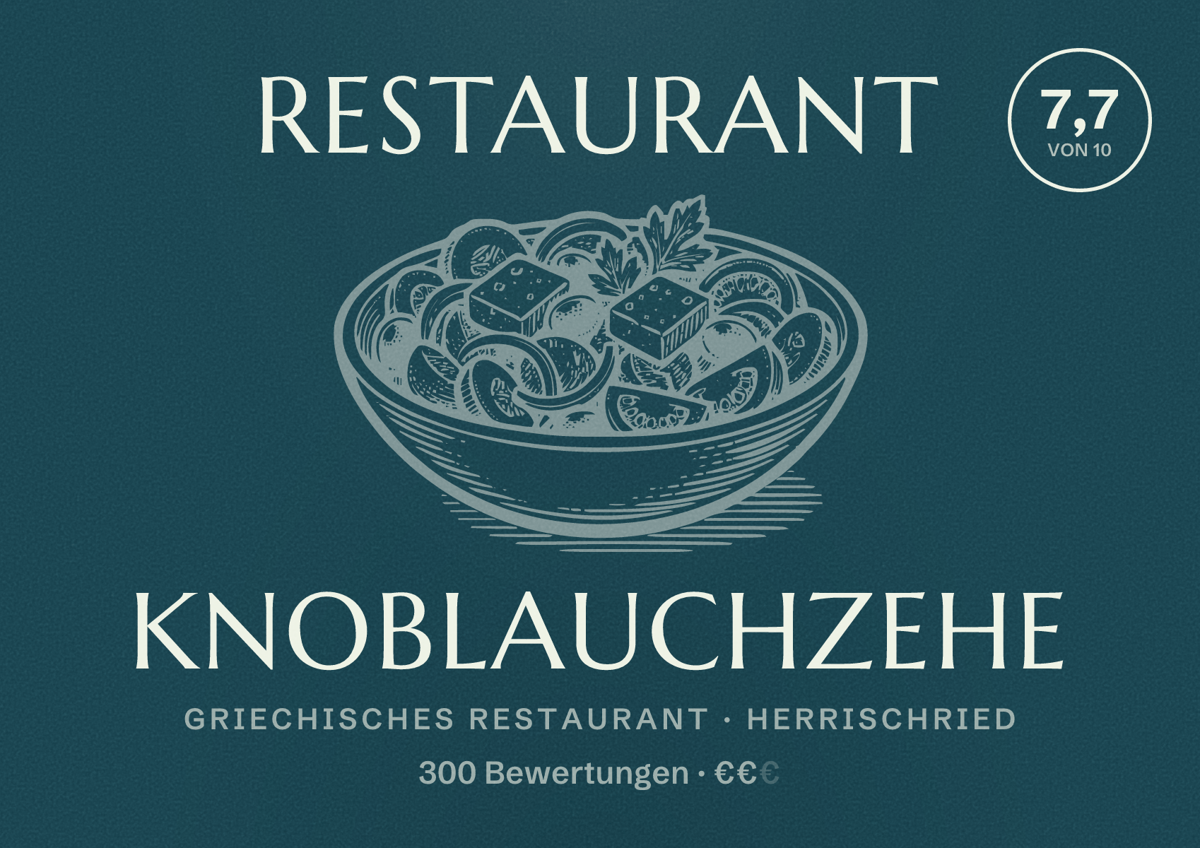 Illustriertes Poster von Restaurant Knoblauchzehe, Griechisches Restaurant in Herrischried: Bewertung 7,7 von 10 aus 300 Bewertungen, Preisniveau €€