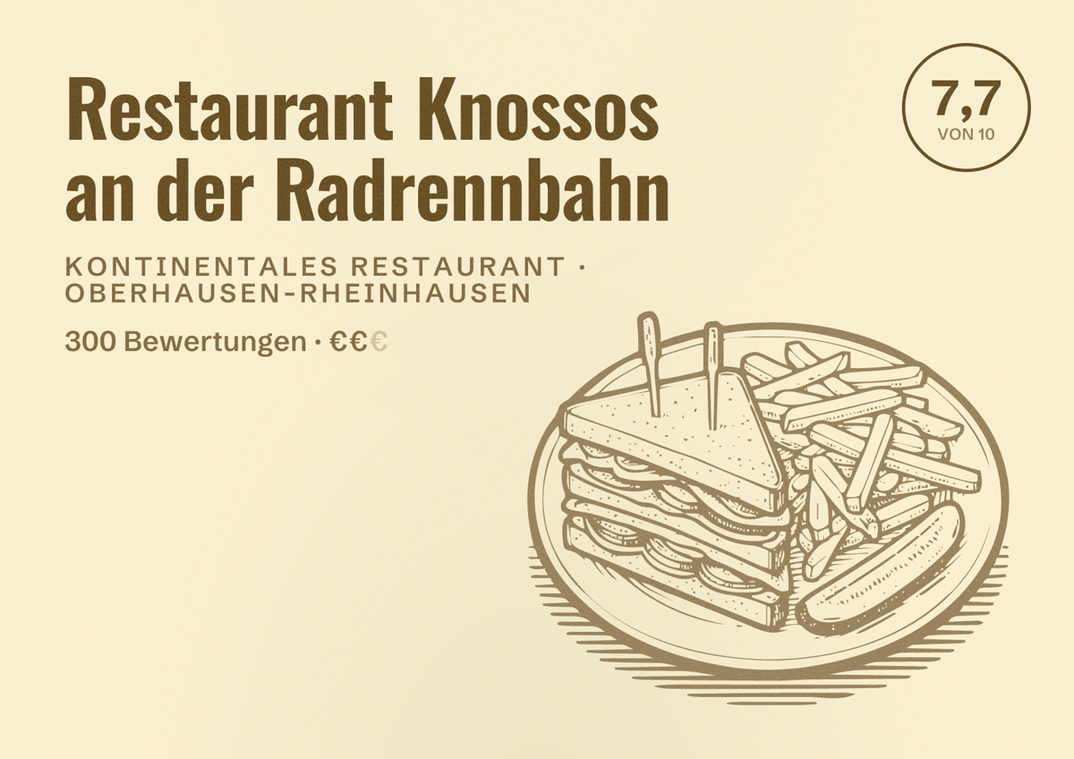 Illustriertes Poster von Restaurant Knossos an der Radrennbahn, Kontinentales Restaurant in Oberhausen-Rheinhausen: Bewertung 7,7 von 10 aus 300 Bewertungen, Preisniveau €€