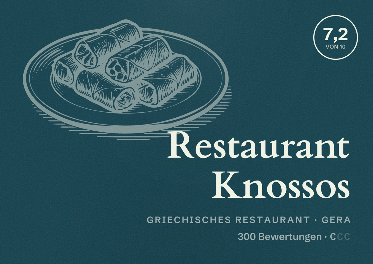 Illustriertes Poster von Restaurant Knossos, Griechisches Restaurant in Gera: Bewertung 7,2 von 10 aus 300 Bewertungen, Preisniveau €
