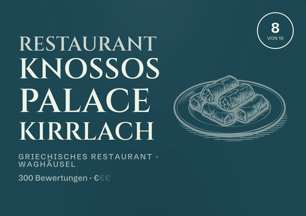Illustriertes Poster von Restaurant Knossos Palace Kirrlach, Griechisches Restaurant in Waghäusel: Bewertung 8 von 10 aus 300 Bewertungen, Preisniveau €