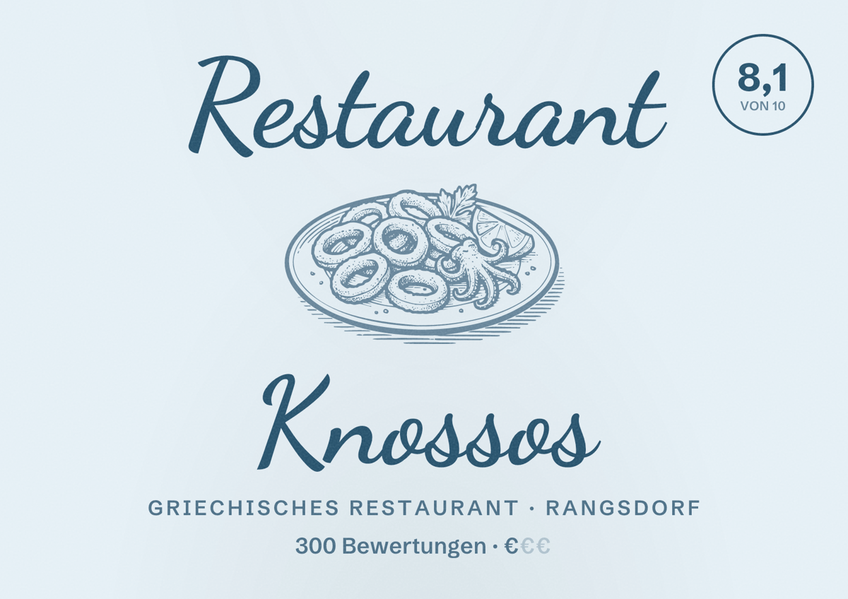 Illustriertes Poster von Restaurant Knossos, Griechisches Restaurant in Rangsdorf: Bewertung 8,1 von 10 aus 300 Bewertungen, Preisniveau €