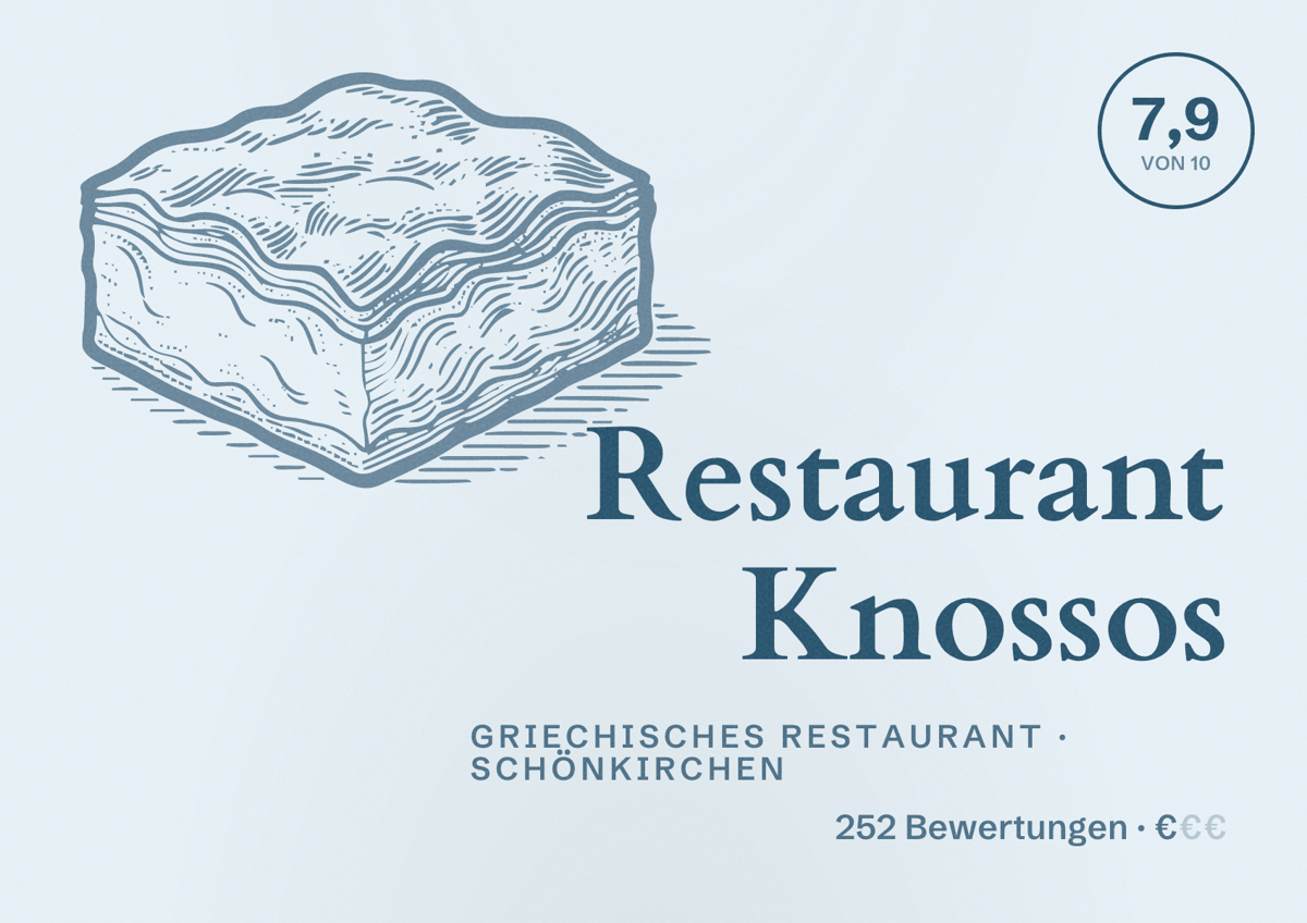 Illustriertes Poster von Restaurant Knossos, Griechisches Restaurant in Schönkirchen: Bewertung 7,9 von 10 aus 252 Bewertungen, Preisniveau €