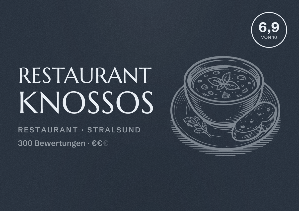 Illustriertes Poster von Restaurant Knossos, Restaurant in Stralsund: Bewertung 6,9 von 10 aus 300 Bewertungen, Preisniveau €€
