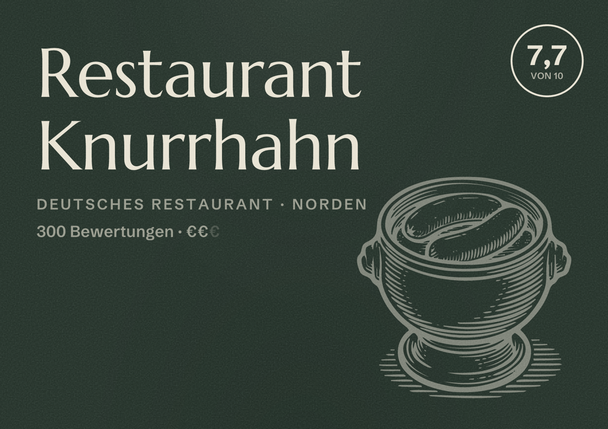 Illustriertes Poster von Restaurant Knurrhahn, Deutsches Restaurant in Norden: Bewertung 7,7 von 10 aus 300 Bewertungen, Preisniveau €€