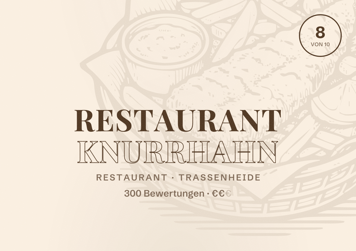 Illustriertes Poster von Restaurant Knurrhahn, Restaurant in Trassenheide: Bewertung 8 von 10 aus 300 Bewertungen, Preisniveau €€
