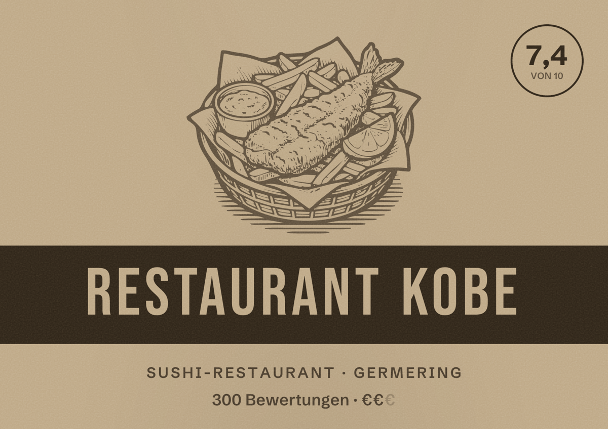 Illustriertes Poster von Restaurant Kobe, Sushi-Restaurant in Germering: Bewertung 7,4 von 10 aus 300 Bewertungen, Preisniveau €€