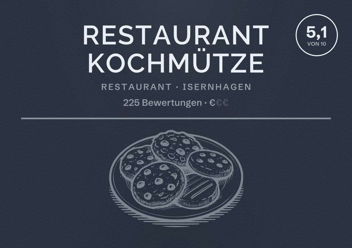 Illustriertes Poster von Restaurant Kochmütze, Restaurant in Isernhagen: Bewertung 5,1 von 10 aus 225 Bewertungen, Preisniveau €