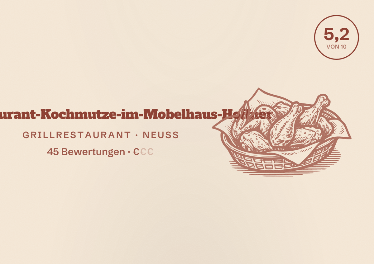 Illustriertes Poster von Restaurant-Kochmutze-im-Mobelhaus-Hoffner, Grillrestaurant in Neuss: Bewertung 5,2 von 10 aus 45 Bewertungen, Preisniveau €