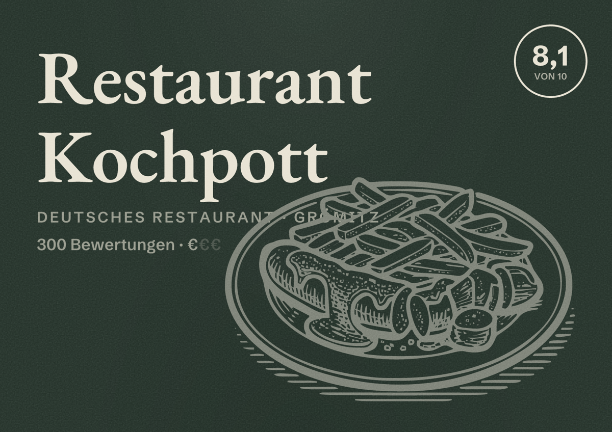 Illustriertes Poster von Restaurant Kochpott, Deutsches Restaurant in Grömitz: Bewertung 8,1 von 10 aus 300 Bewertungen, Preisniveau €