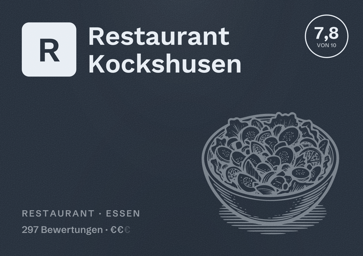 Illustriertes Poster von Restaurant Kockshusen, Restaurant in Essen: Bewertung 7,8 von 10 aus 297 Bewertungen, Preisniveau €€