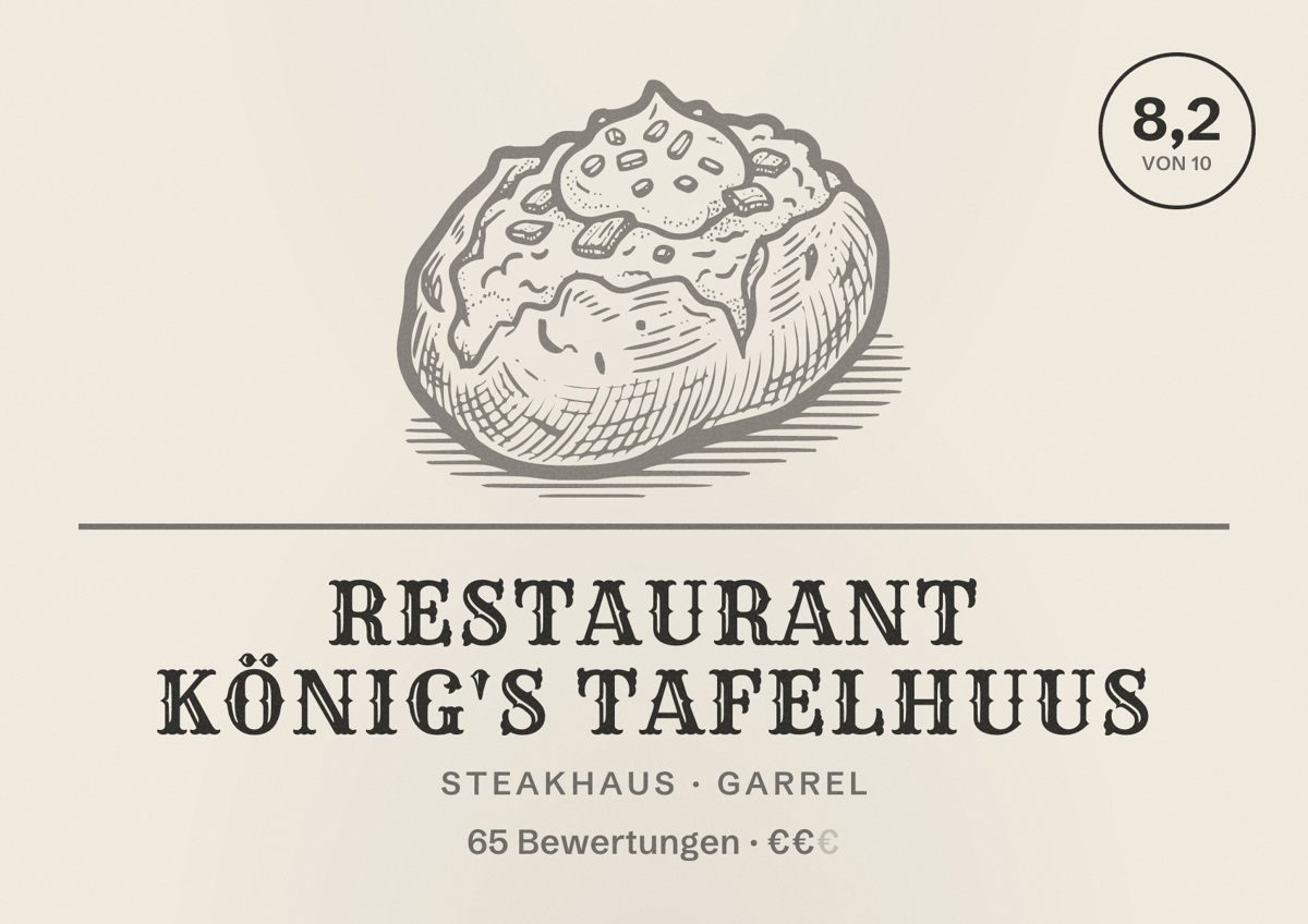 Illustriertes Poster von Restaurant König's Tafelhuus, Steakhaus in Garrel: Bewertung 8,2 von 10 aus 65 Bewertungen, Preisniveau €€