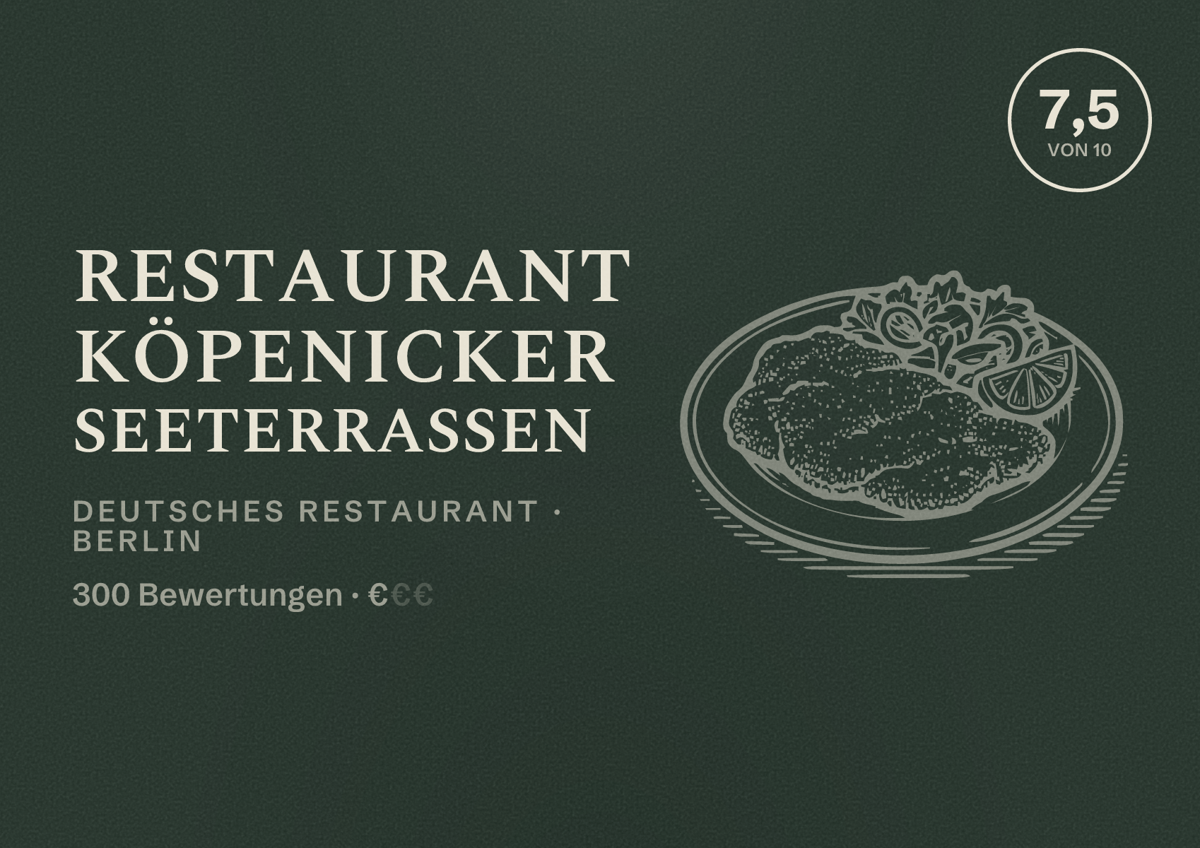 Illustriertes Poster von Restaurant Köpenicker Seeterrassen, Deutsches Restaurant in Berlin: Bewertung 7,5 von 10 aus 300 Bewertungen, Preisniveau €