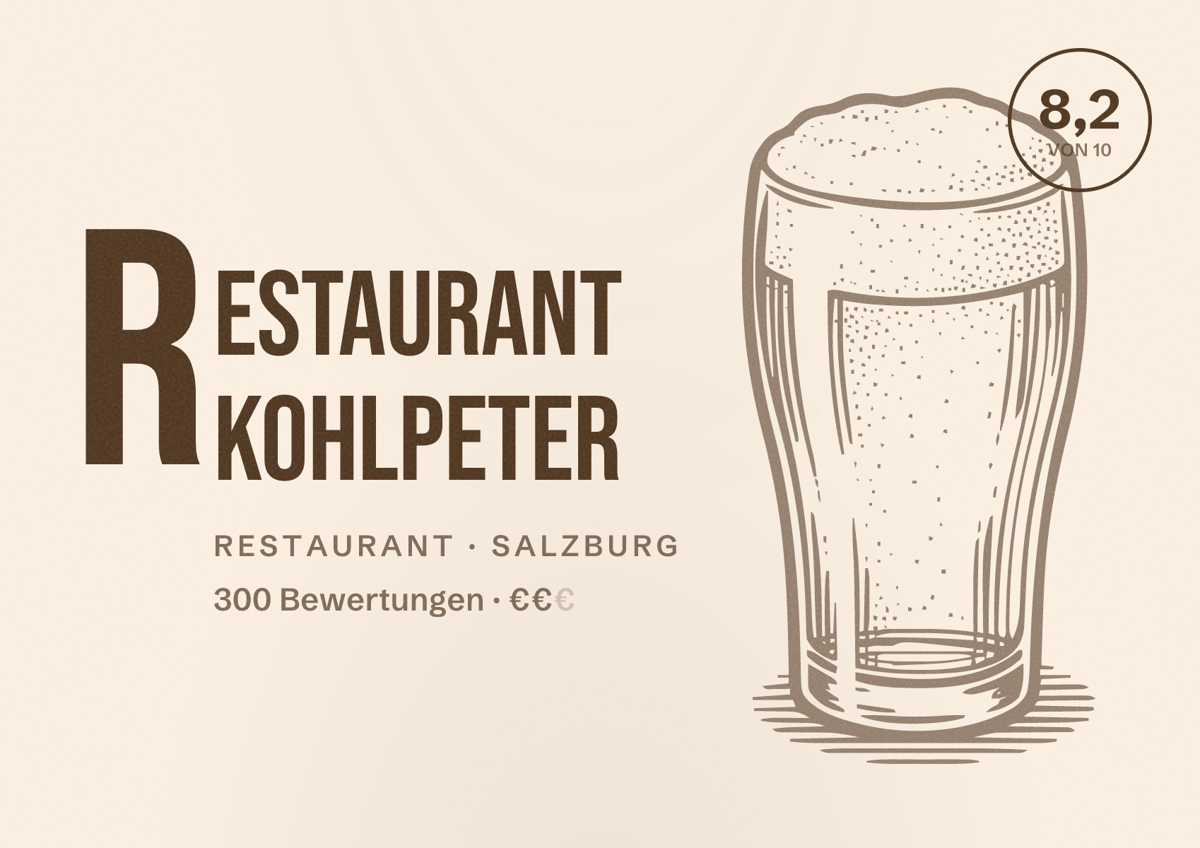 Illustriertes Poster von Restaurant Kohlpeter, Restaurant in Salzburg: Bewertung 8,2 von 10 aus 300 Bewertungen, Preisniveau €€