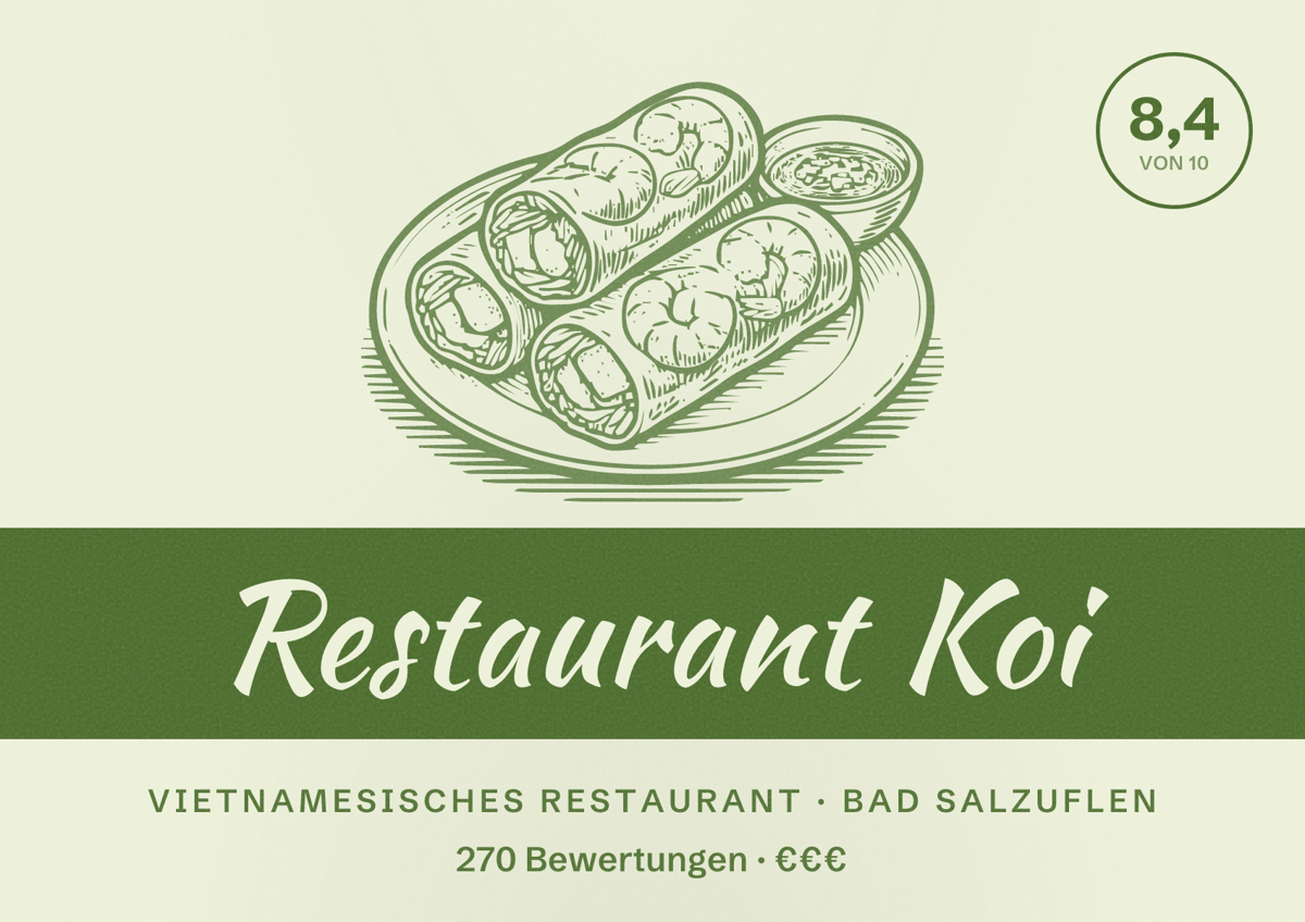 Illustriertes Poster von Restaurant Koi, Vietnamesisches Restaurant in Bad Salzuflen: Bewertung 8,4 von 10 aus 270 Bewertungen, Preisniveau €€€