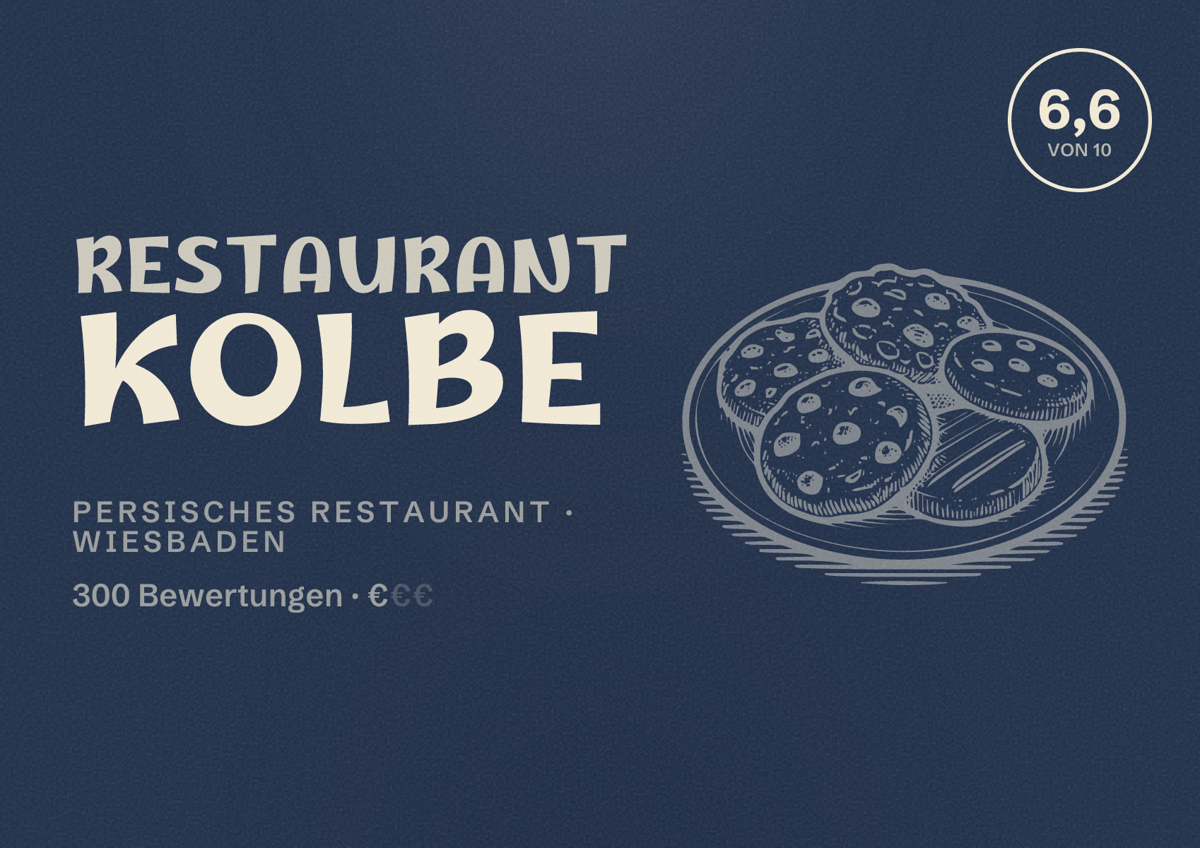 Illustriertes Poster von Restaurant Kolbe, Persisches Restaurant in Wiesbaden: Bewertung 6,6 von 10 aus 300 Bewertungen, Preisniveau €