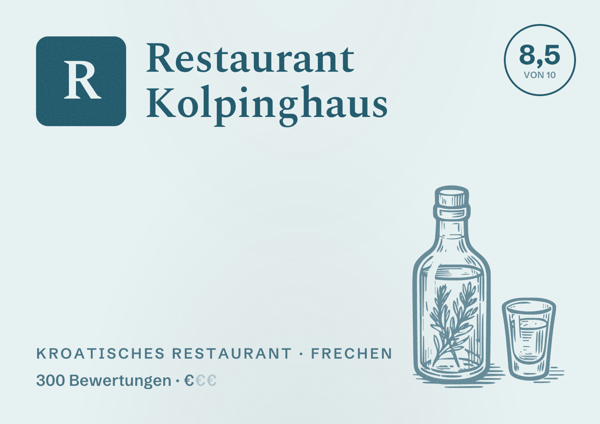 Illustriertes Poster von Restaurant Kolpinghaus, Kroatisches Restaurant in Frechen: Bewertung 8,5 von 10 aus 300 Bewertungen, Preisniveau €