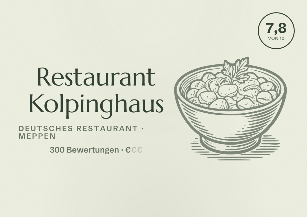 Illustriertes Poster von Restaurant Kolpinghaus, Deutsches Restaurant in Meppen: Bewertung 7,8 von 10 aus 300 Bewertungen, Preisniveau €
