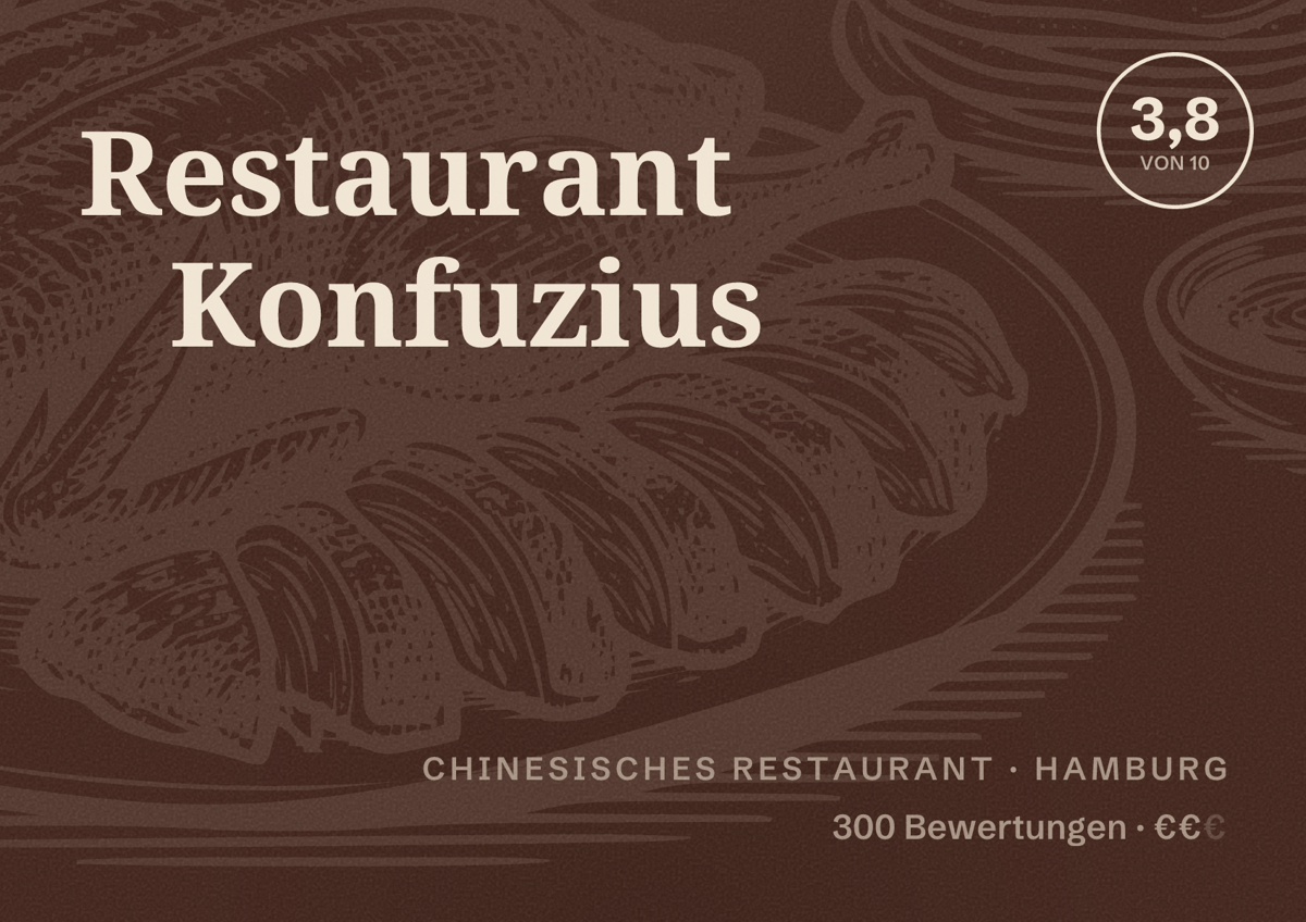 Illustriertes Poster von Restaurant Konfuzius, Chinesisches Restaurant in Hamburg: Bewertung 3,8 von 10 aus 300 Bewertungen, Preisniveau €€