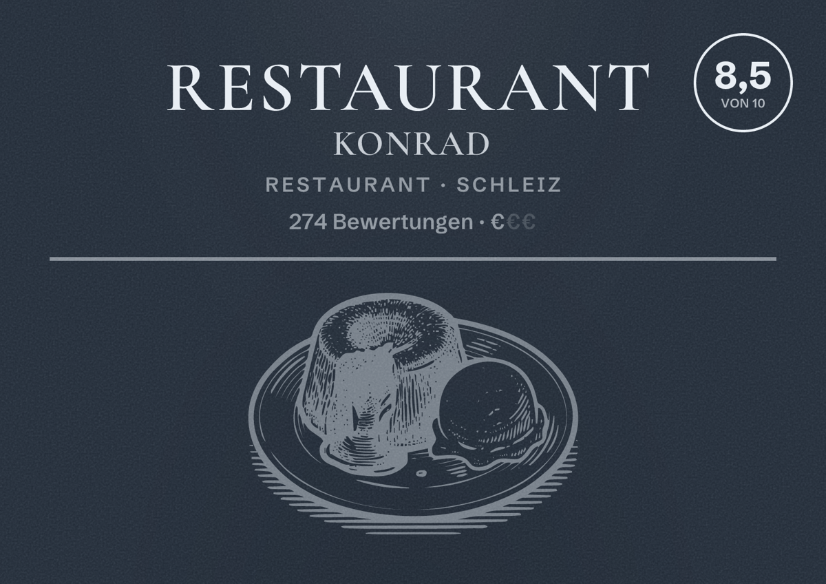 Illustriertes Poster von Restaurant Konrad, Restaurant in Schleiz: Bewertung 8,5 von 10 aus 274 Bewertungen, Preisniveau €