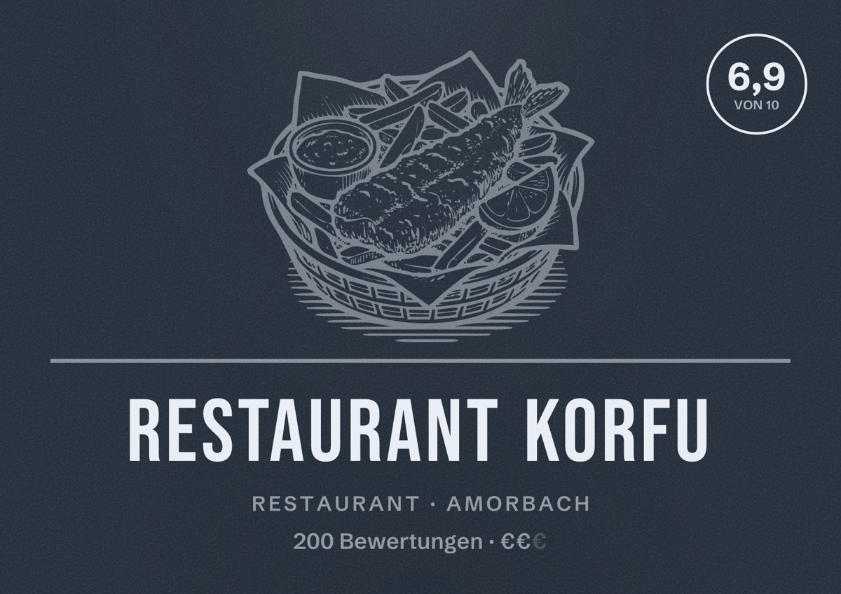 Illustriertes Poster von Restaurant Korfu, Restaurant in Amorbach: Bewertung 6,9 von 10 aus 200 Bewertungen, Preisniveau €€